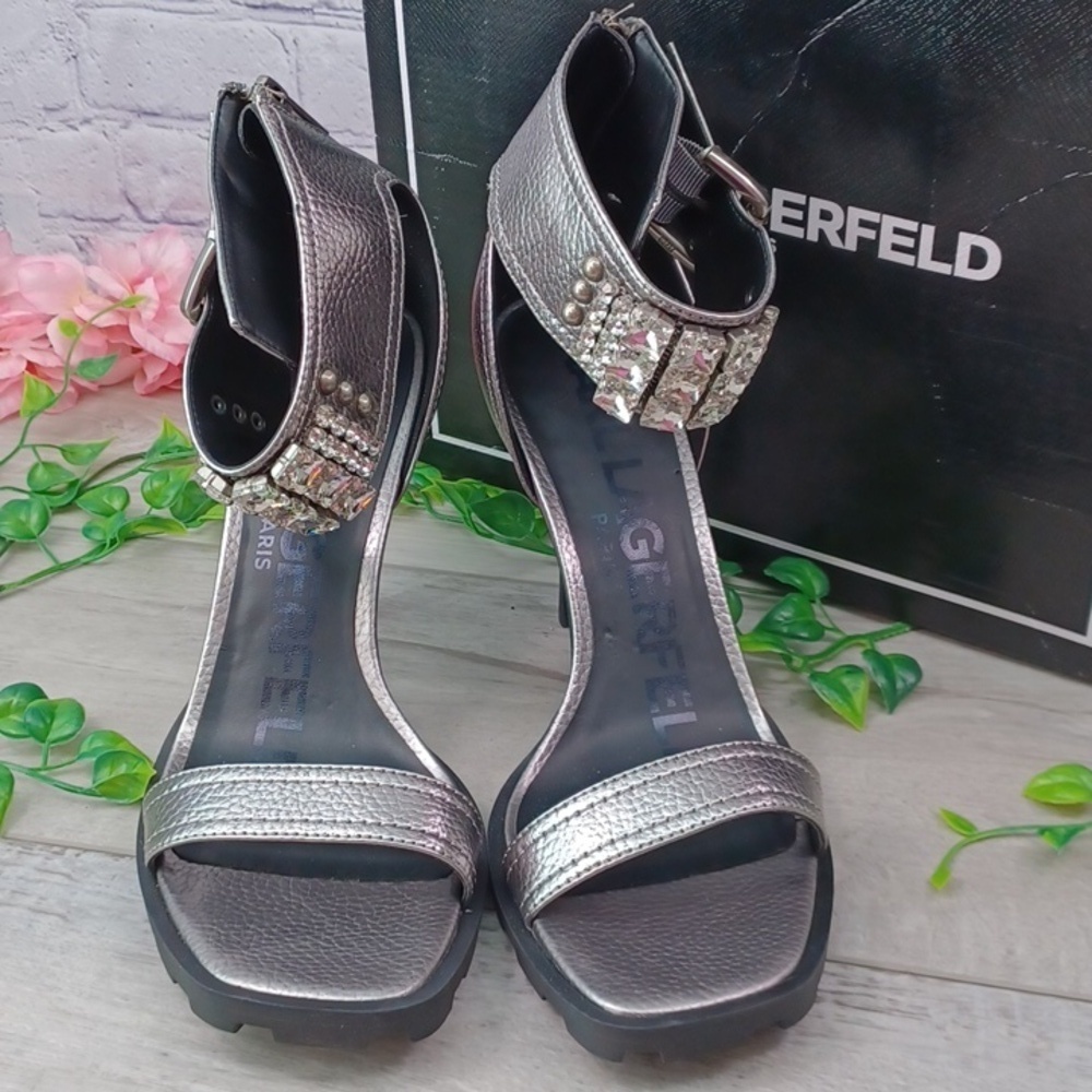 KARL LAGERFELD PARIS Malinda Embellished Ankle-Strap Dress Sandals NIB - Picture 3 of 13